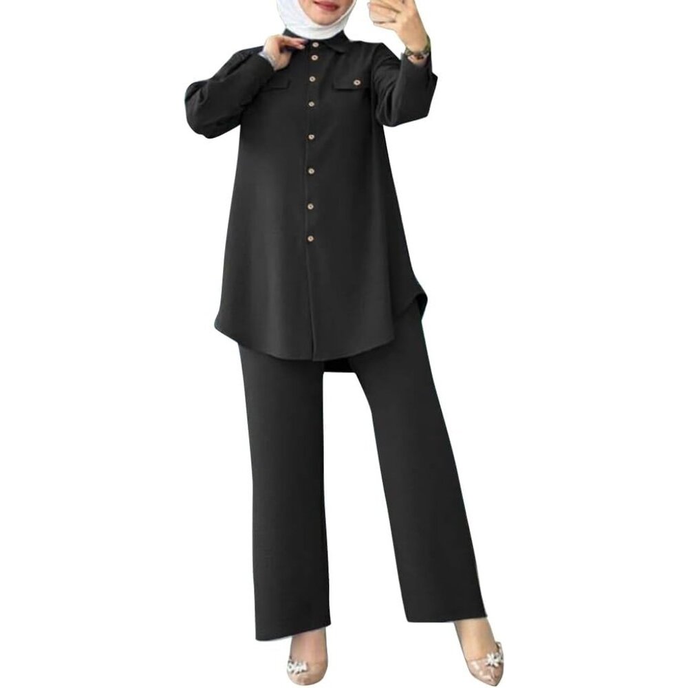 Muslim Long Sleeve Blouse Wide Leg Pants Two-Piece Abaya Casual Set